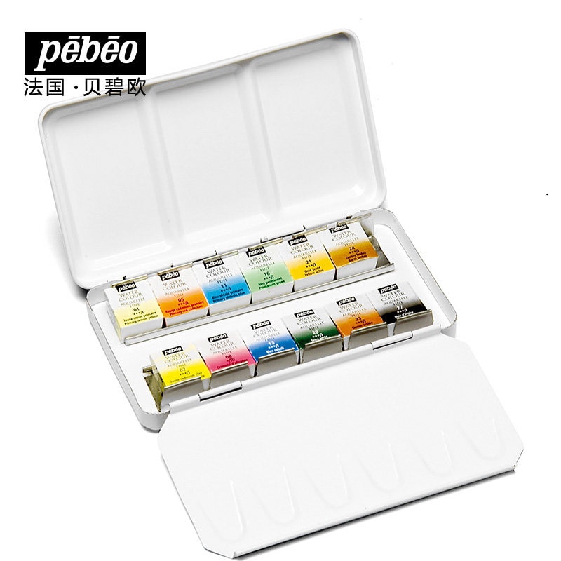 Pebeo akvarel aquarelle fin solid akvarel maling sæt rund metalæske 12 farve 24 farve