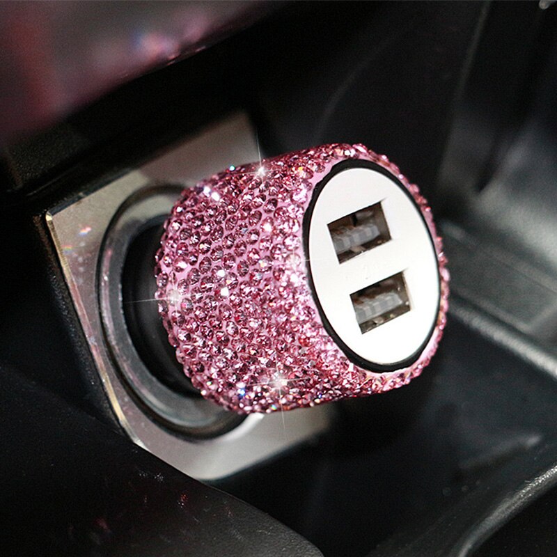 Cargador USB Dual para coche, accesorio para teléfono móvil, tableta, GPS, Cable de diamante de cristal, encendedor de cigarrillos, con Cable USB para teléfono: Pink Charger