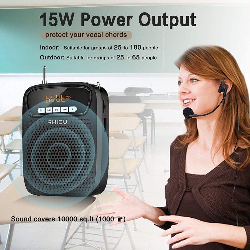 SHIDU-Amplificador de voz para micrófono para profesores, altavoz megáfono con Radio FM, reproductor de discos para guía de viaje