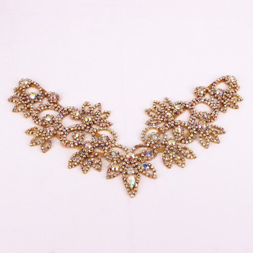 Accessoires de vêtements or Ab, collier en cristal, gros décolleté, strass à coudre, pour décoration de robe de mariée: Gold AB 6x4.2 In