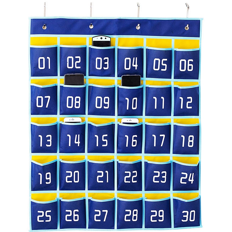Numbered Pocket Chart Classroom Organizer for Cell Phones Calculator Holders 30 Pockets Blue Pockets