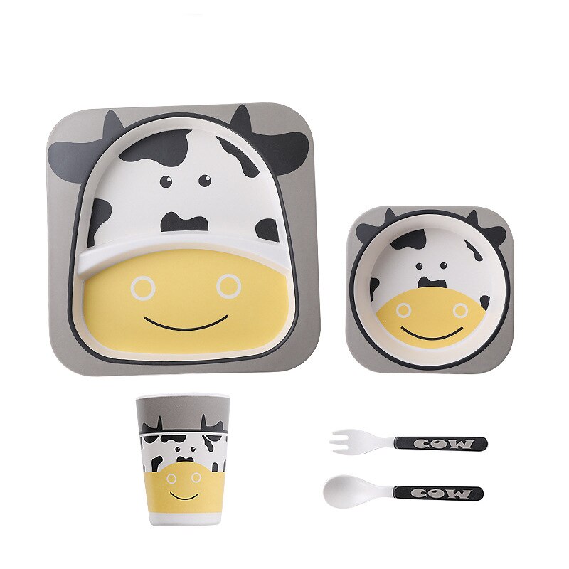 Imebaby5 pièce ensemble bambou vaisselle bambou bol bébé alimentation plaque créative dessin animé enfants bol/tasse/fourchette cuillère coffret: Cow