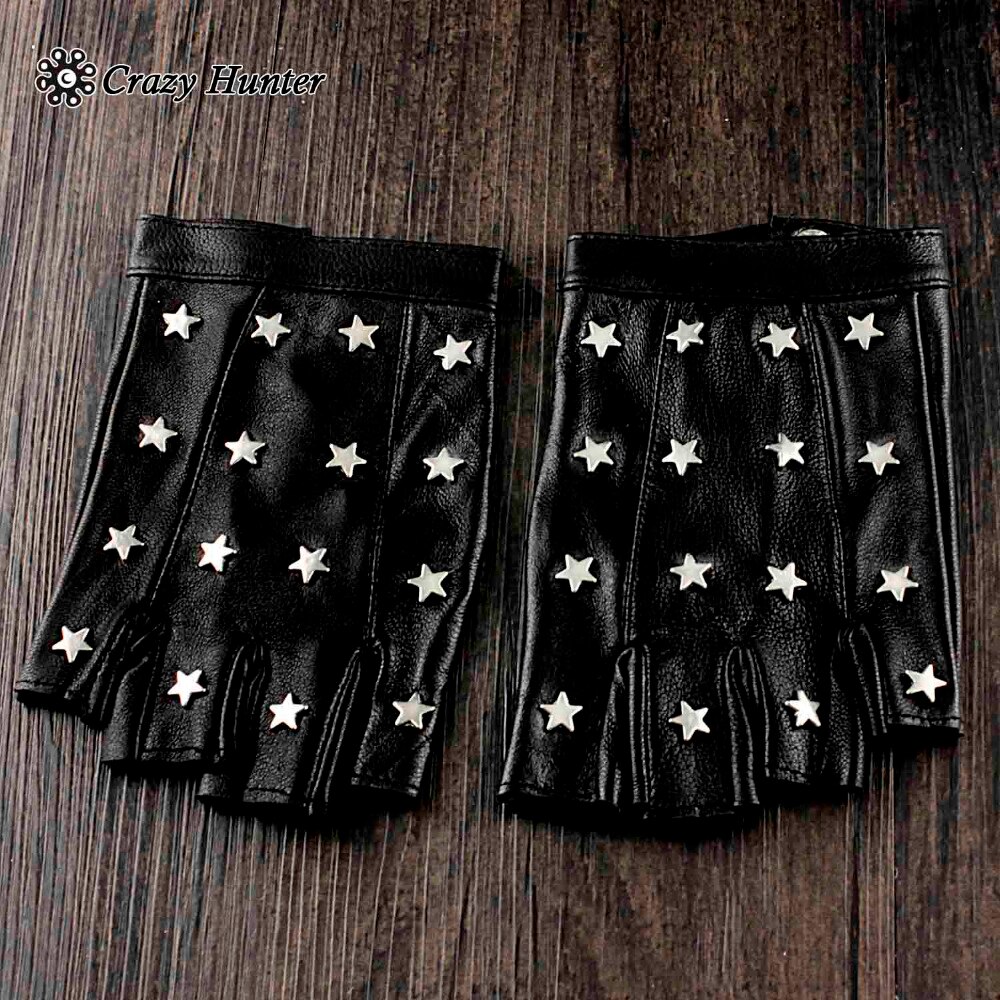 Full Star Studded Fingerless Womens Driving Biker Rock Leather Gloves