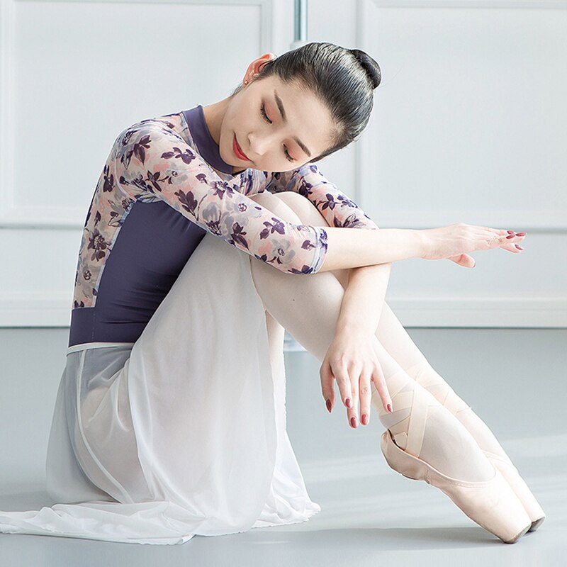 Ballet Leotard Adult Gymnastic Leotard Ballerina Floral Ballet Leotards for Women Long Sleeve Ballet Dress Mesh Dance Skirt