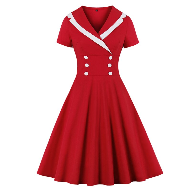 Tonval retro-hak krave knap foran rød vintage a-line kjole kvinder bomuld sommer kontor dame swing kjoler: Rød / L