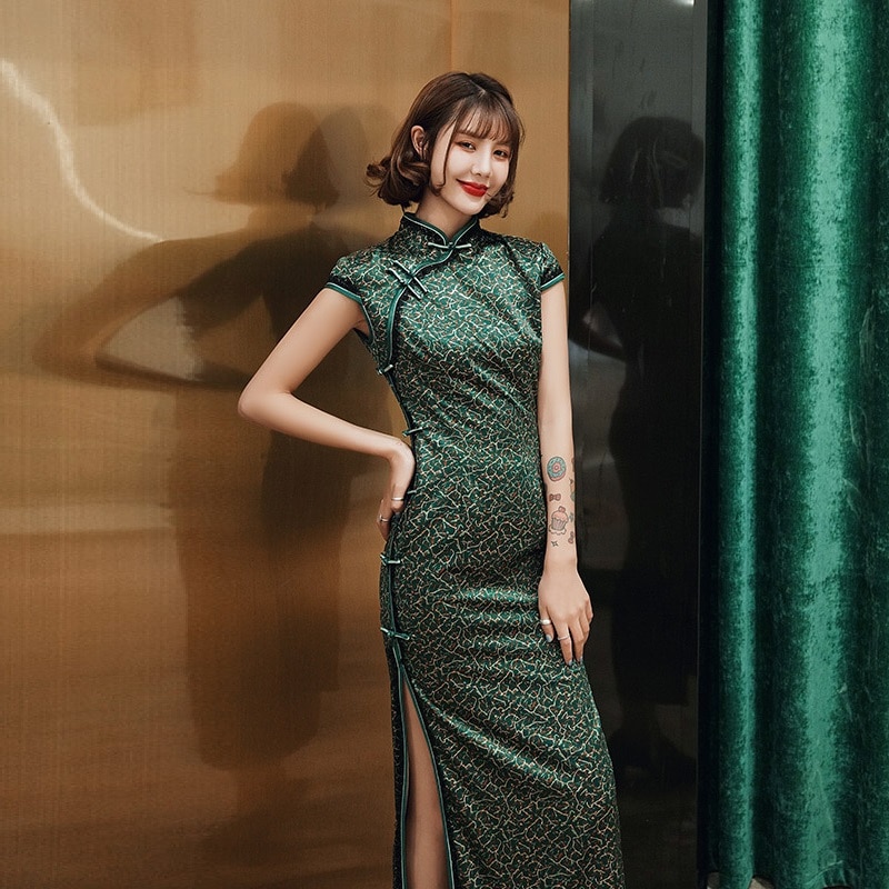 Sheng Coco Groen Lange Groene Cheongsam Avond Party Dress Chipao Vrouwen Chinese Traditionele Kleding