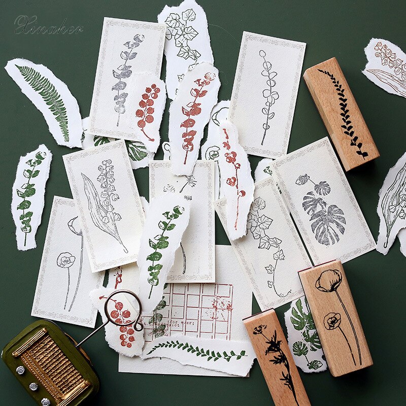 1-2 unidades por juego, sellos de goma madera con decoración de hojas Vintage para plantas, papelería de scrapbooking, sello estándar para manualidades DIY