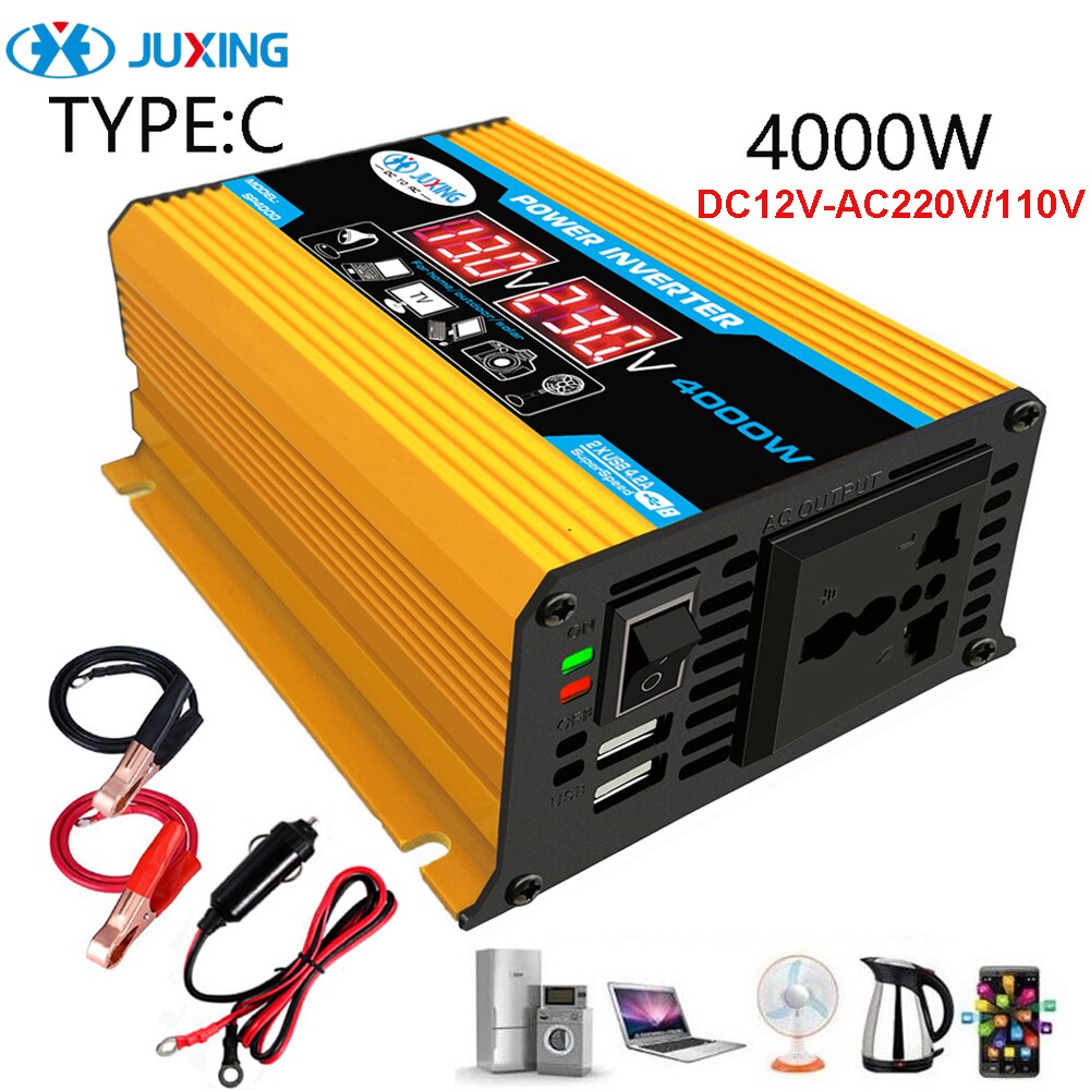 JUXING Power Inverter 300W - DC 12V til AC 110V/220V - Dobbelt Digital Skjerm - 2x USB