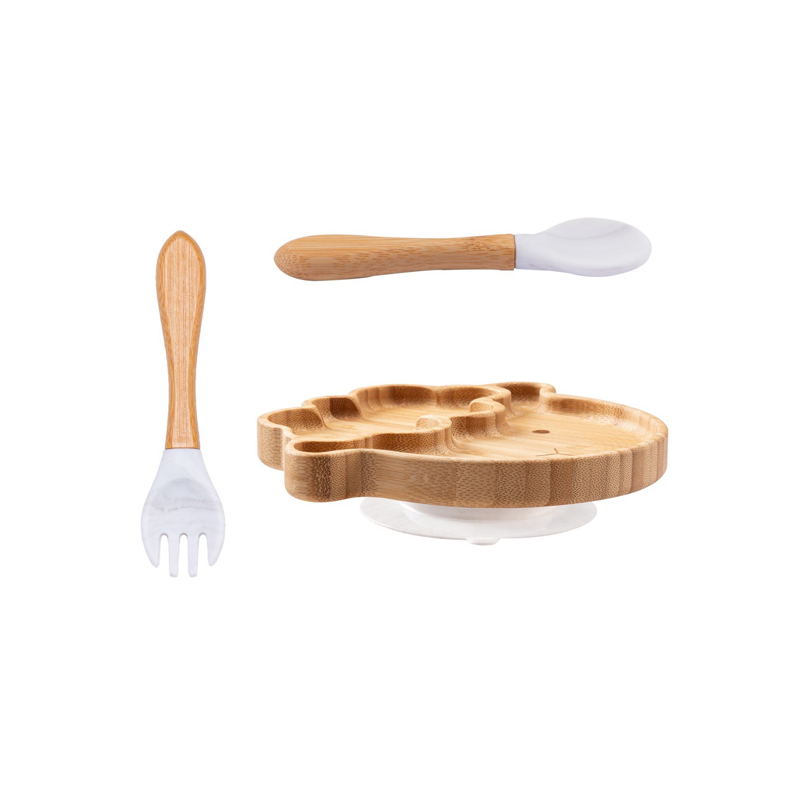 Cuenco de bambú para alimentación de bebé, juego de vajilla de silicona con ventosa, antideslizante, resistente al agua, tenedor, cuchara, 4 piezas: 3pcs-F