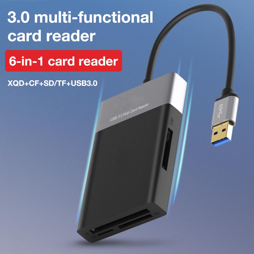 6 In 1 Multi Memory Card Reader ABS Aluminum Alloy Shell PVC Wire Reader USB 3.0 2 Port HUB High Speed Adapter For XQD CF SD TF: Default Title