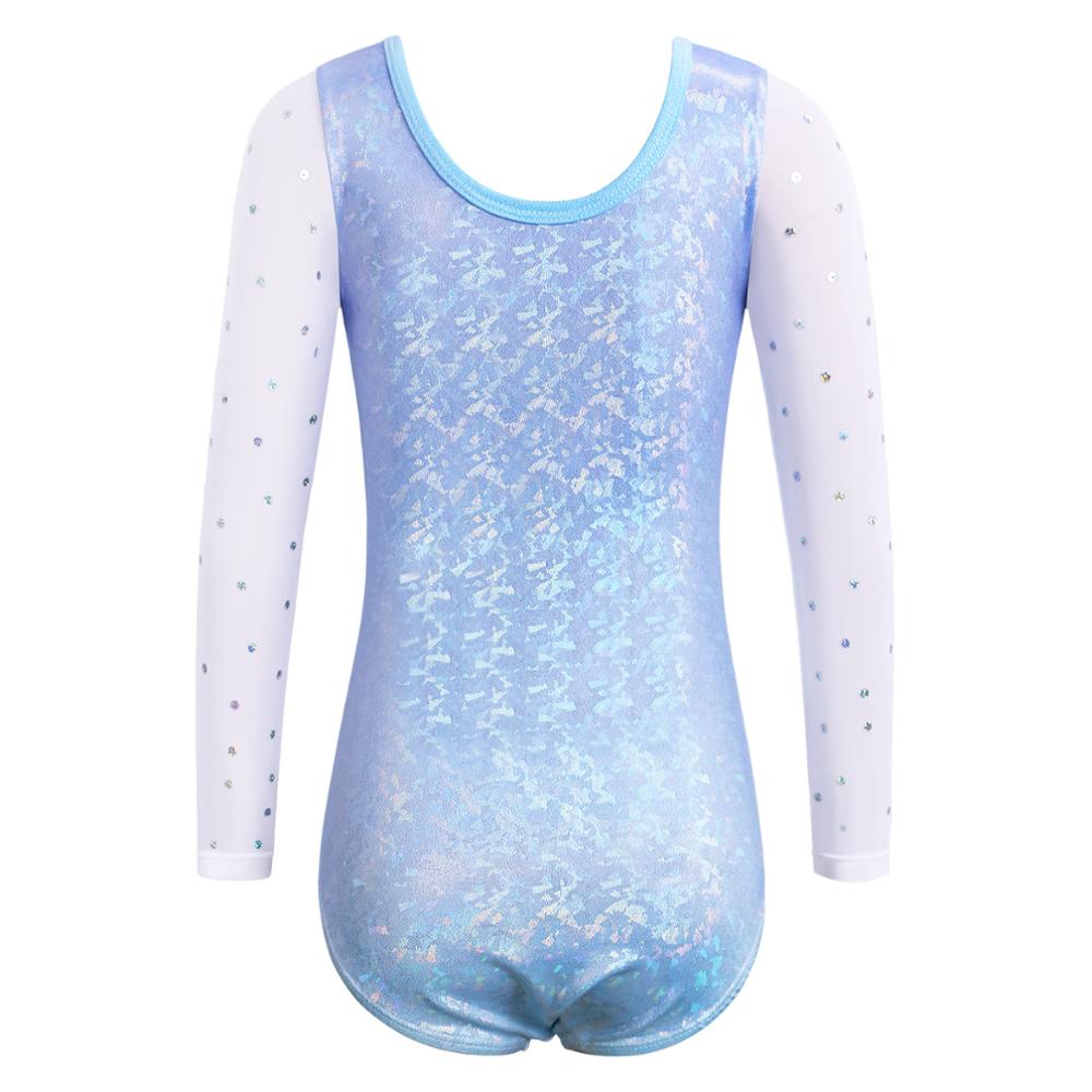 BAOHULU Blue Girls Leotards for Gymnastics Ballet Sequins Mesh Long Sleeve Toddler Bodysuit Kids Teens Acrobat Competition Suits