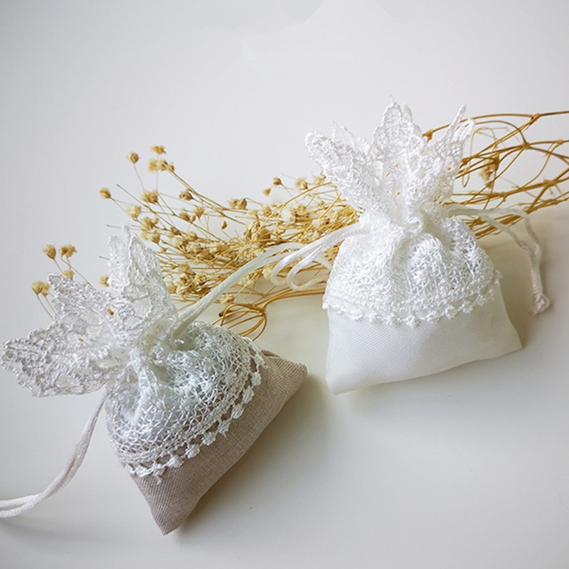 6 Pcs Kant Sieraden Koord Organza Zakjes Wit & Beige Candy Verpakking Tassen Wedding Bags Dragees Zakjes Craft Pakketten
