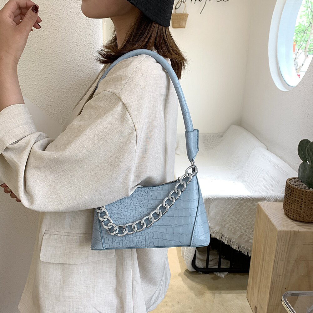Dikke ketting kleine pu leren schoudertassen voor dames, handtassen met krokodillenmotief voor reizen