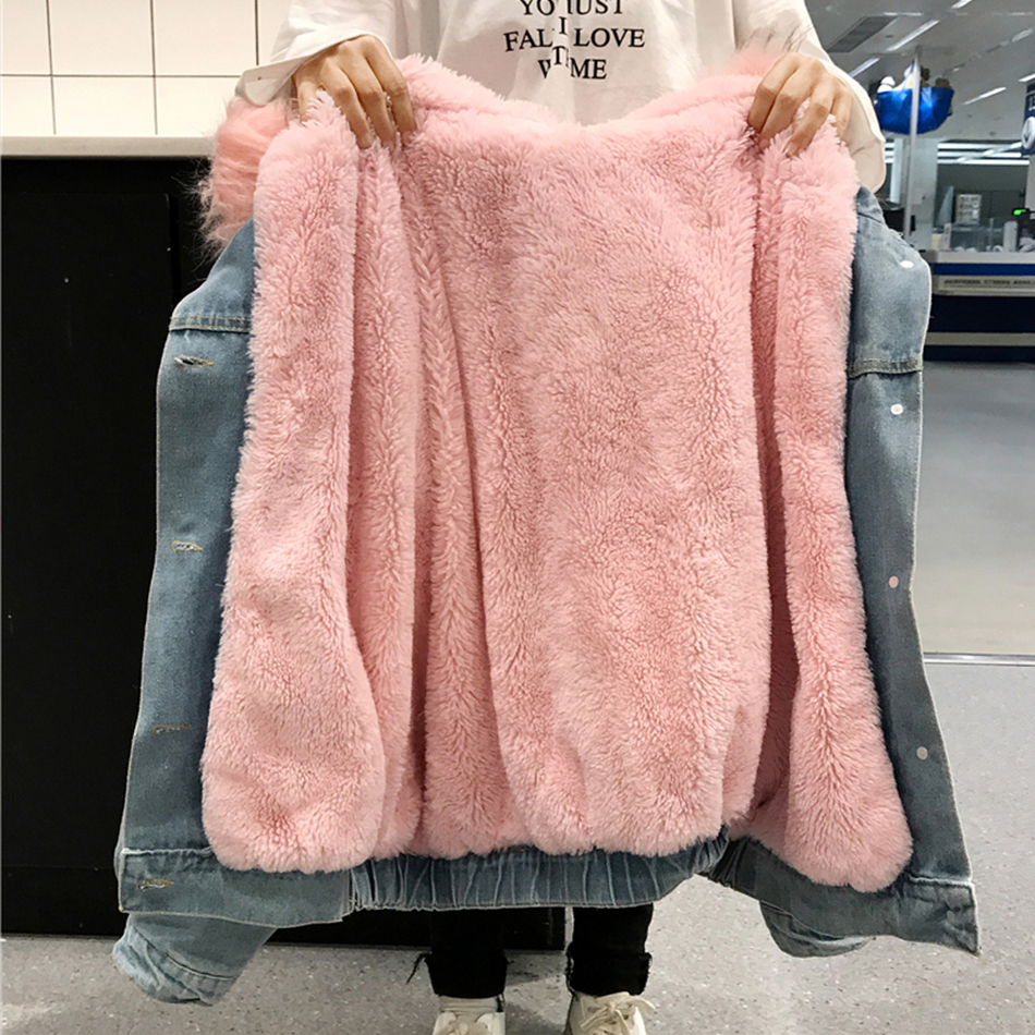 À capuche Fourrure Vestes En Jean Femme Doublure Coton Hiver Plus Épais Denim Manteaux Dames décontracté Veste Femme grande taille vêtements coupe large Haut