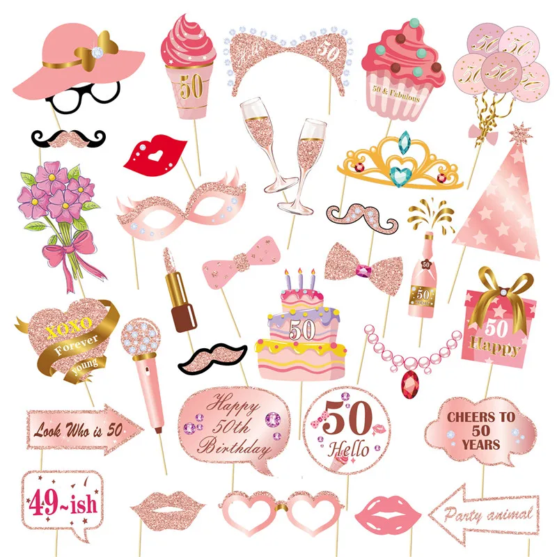1Set Pink 18 21 30 40 50 60 Year Old Paper Handheld Photography Props Adult Happy Birthday Anniversary Party Decor Supplies: Light Grey