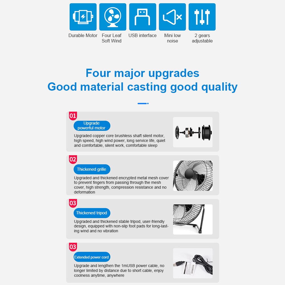 Desk Fan 4/8Inch Mini Portable Ultra Quiet Desktop Cooling Fans Personal Table Cooler Fans for Home Office Table USB Powered