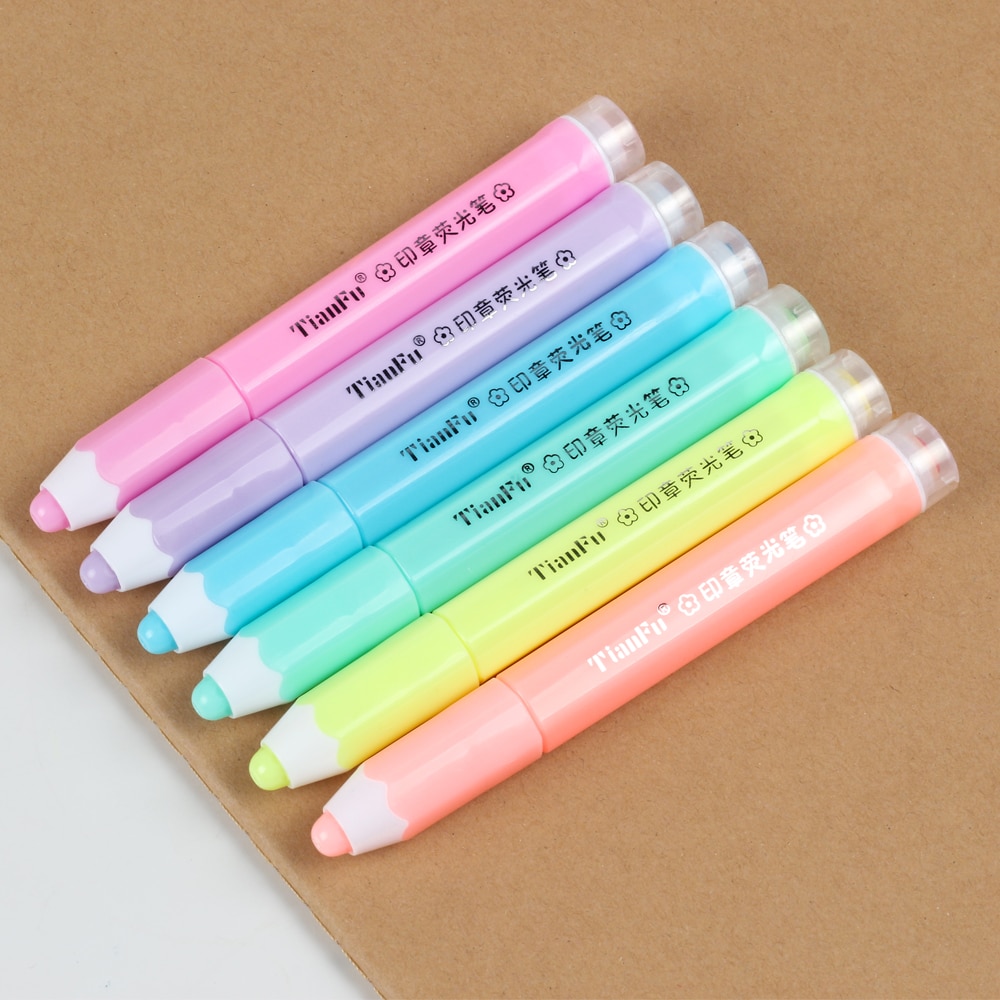 Pencil Shaped Stamp Highlighter Pen Double Ended Hexagonal Mini Fluorescent Marker 6 Pcs/ Bag Textmarker Students Kids