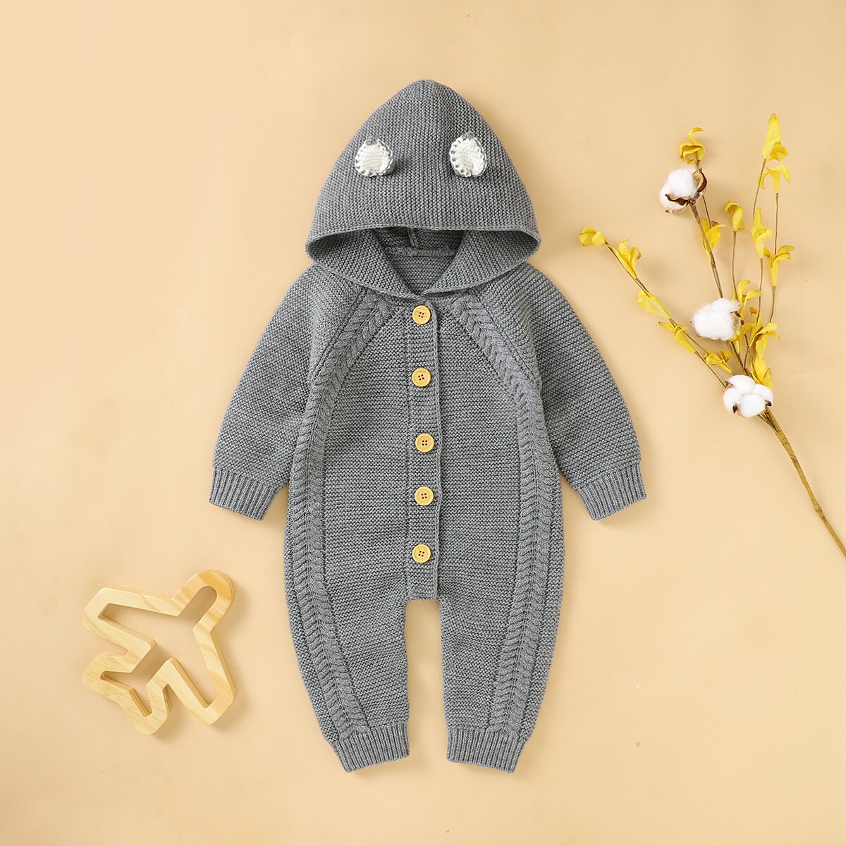 Baby Trui Jumpsuits Winter Jongens Meisjes Kleding Peuter Lange Mouwen Single-Breasted Gebreide Hooded Truien Romper 0-24M: GRAY / 3M