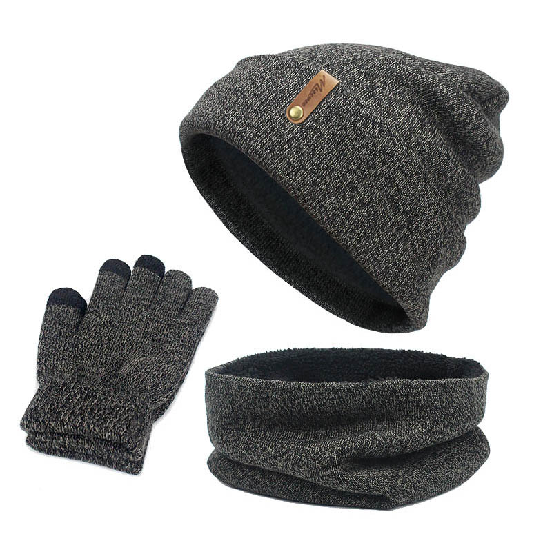 3 stk skullies beanie hat tørklæde handsker sæt til mænd og kvinder vinter udendørs varme tykke beanies cap med foring ring tørklæder sæt: D