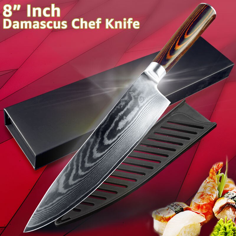 Køkkenkniv 5 6.5 7 8 tommer japanske kokknive pro  vg10 67 lag ægte damaskus stålværktøj santoku vegetabilsk kødkløver: 8 tommer kokskniv