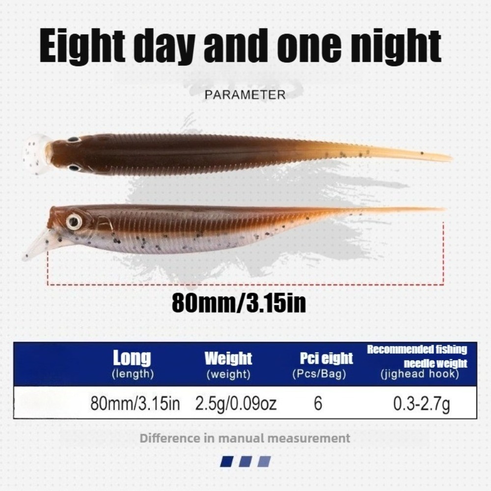 6PCS Fishing 80mm/ 2.5g Crankbait Soft Lure - Dual Color Lipped Swimbait | Slow Sinking Wobble Action