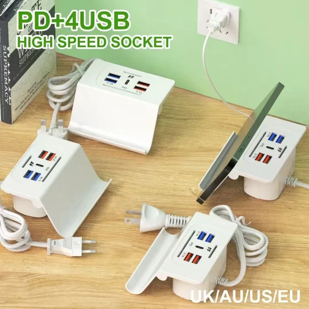 6- ports usb-opladerstation, opladestation til flere enheder, multi-usb-natbordsopladerstation med telefonholder
