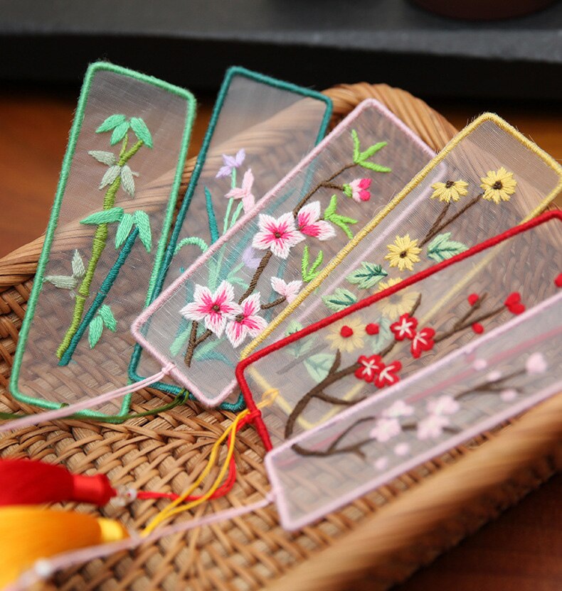 Chinese Flower Pattern DIY Bookmark Embroidery Kit with Hoop Needlework Cross Stitch Handmade Craft Sewing Art Unfinished Kit