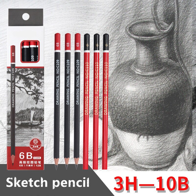 12 pcs/box Sketch pencil HB 2B 3B 4B 5B 6B 8B 10B 2H 3H Soft medium hard carbon pen Office school drawing pencil