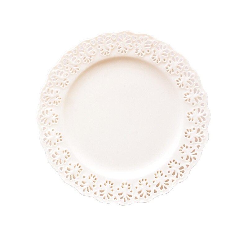 Ceramic 8 Inch Western Food Tray Afternoon Tea Snack Tray European Little Fairy Lace Cutout Pattern Plate