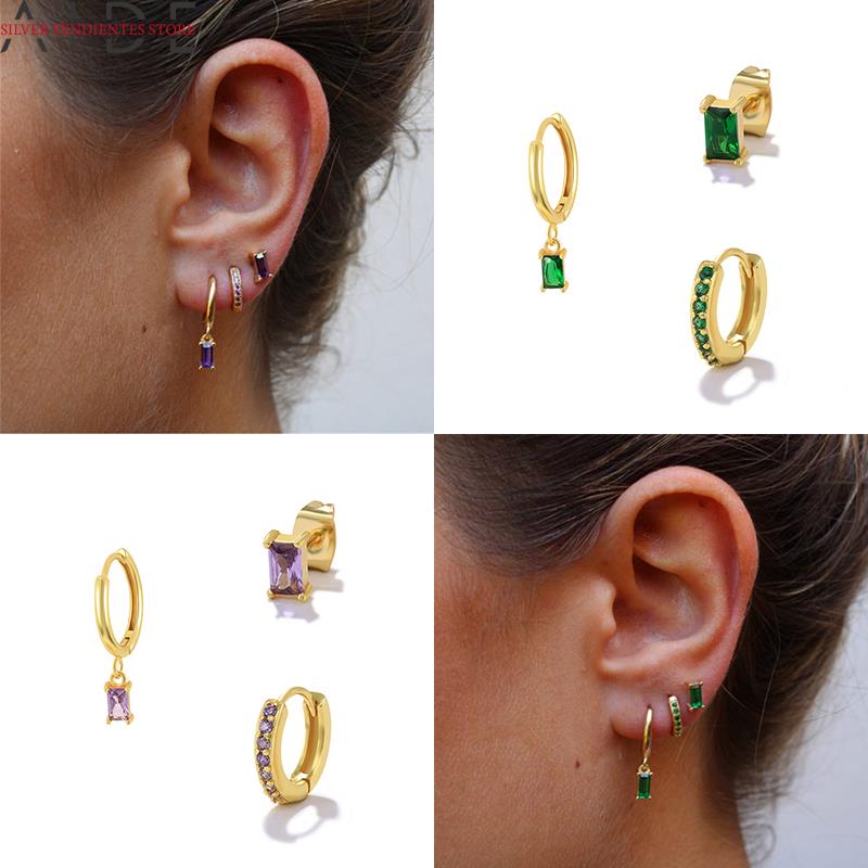 AIDE 3 piezas para mujer, Pendientes colgantes de circón verde, negro, blanco y púrpura, aros chapados en oro, joyería de