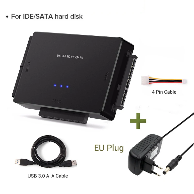 USB 3.0 zu SATA IDE Adapter Festplattenadapter Konverter für 2,5"/3,5" SATA/IDE/SSD Festplatten mit 12V 2A Netzteil