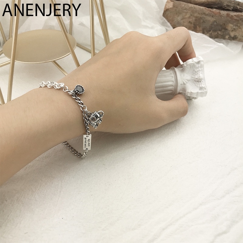 Anenjery Stijl Olifant Brief Vierkante Kaart Armband Armbanden Voor Vrouwen Mannen Paar Armband Thaise Zilveren Kleur Sieraden S-B416