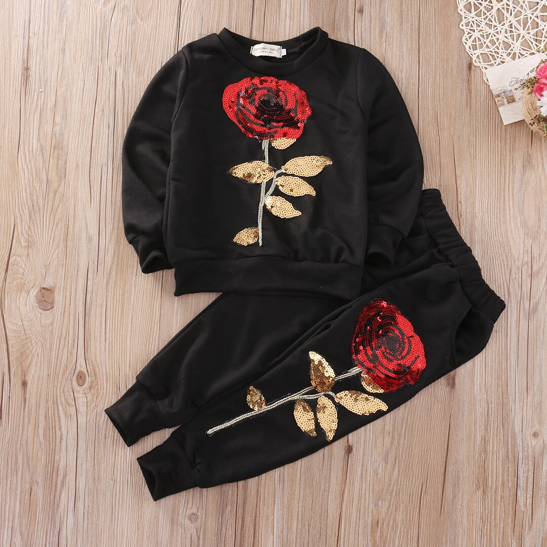 Brand Toddler Infant Kids 2PCS Girls Sequins Rose Outfits Clothes T Shirt+Long Pants Set Tracksuit Casual Set 2-7Y