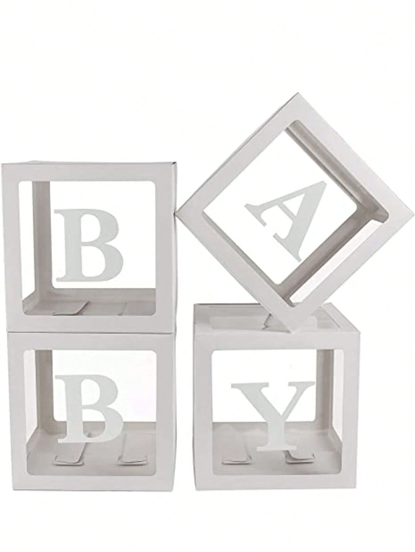 4 babybokser med babyshowerpost, babyshowerpynt for gutter eller jenter, gjennomsiktige ballongbokser, bursdagsfest (uten ballonger): Hvit
