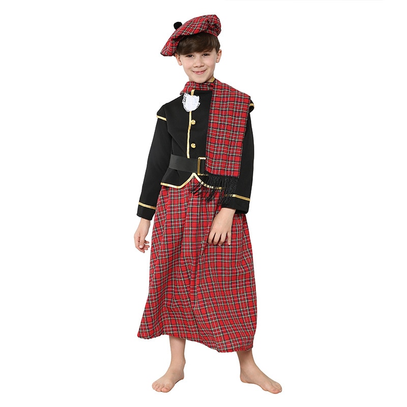 JEMMALEONG Traditional Scottish Boy Costume For Kids Tartan Clothing Halloween Carnival Performance Party Show National Customs