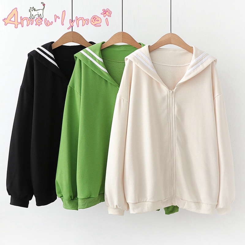 Japanese Preppy Style Autumn Women Jacket Mori Girl Kawaii Cotton Sailor collar Loose Long Sleeve Casual Coat Female Outerwear