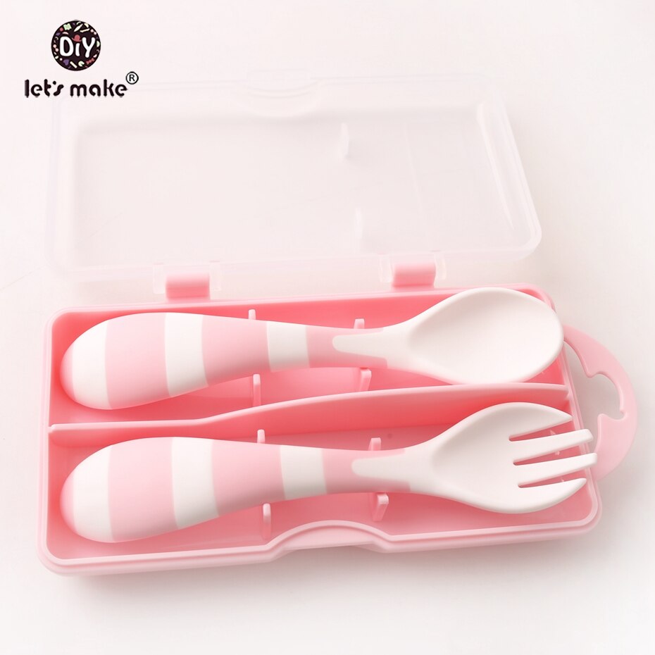 Låt oss göra babyskedar som matar rätter bestick för barn bestick bestick färre sked plast med låda babyredskap