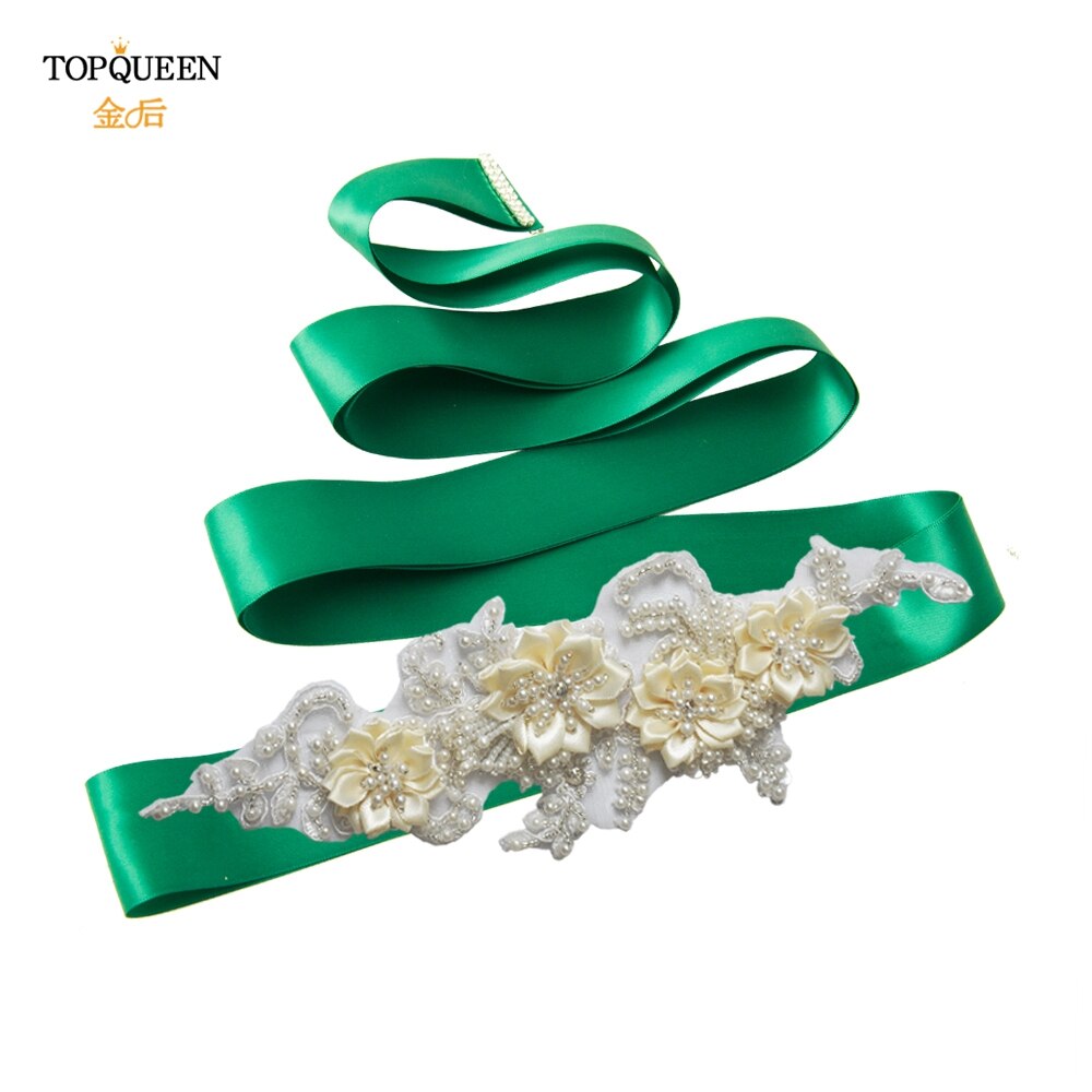 TOPQUEEN-cinturones de abalorios hechos a mano para novias, cinturón embellecedor de noche, cinturones de lujo, accesorios para vestidos de boda, S346: dark green ribbon