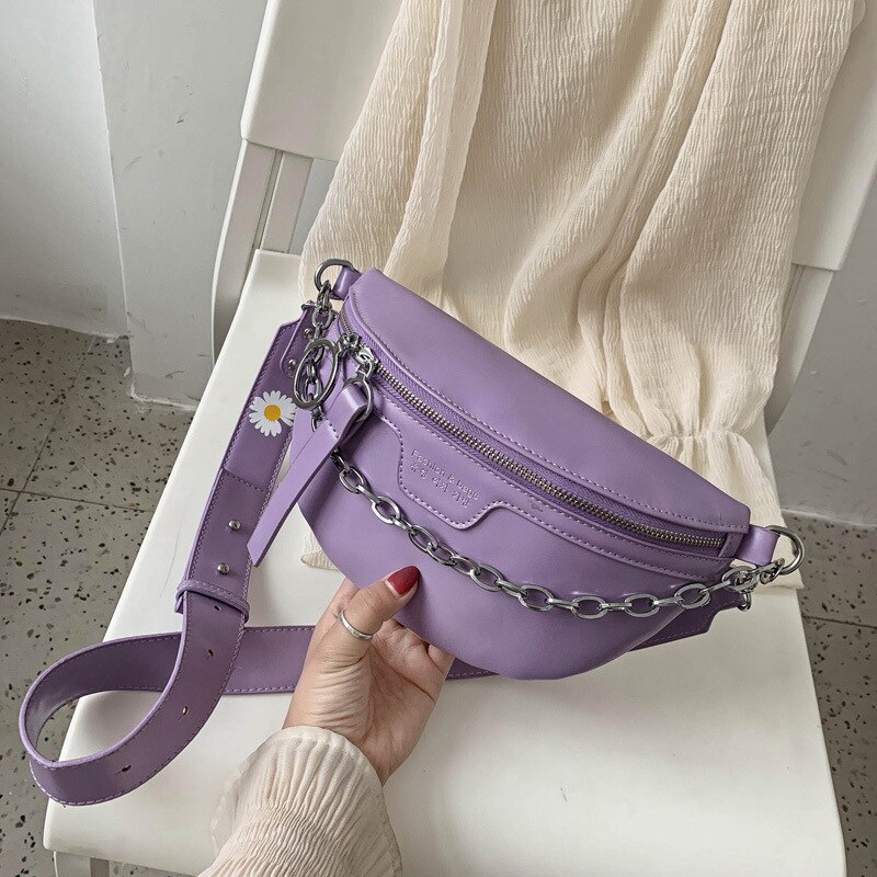 Women's Belt Bag Little Daisy PU Leather Chain Sum Per Band Fanny Pack Bananka Satchel Belly Band Waist Bag: Lavender