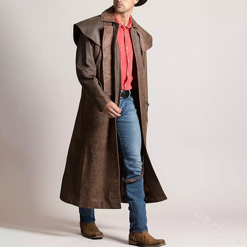 Wepbel cowboy læder duster coat vintage stil vinter frakke fuldærmet retro inverness greatcoat steampunk ridejakke: Brun / S