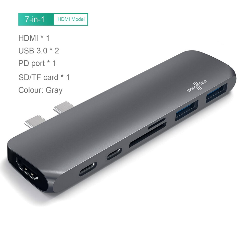 Usb c hub typ c thunderbolt 3 adapter usb-c dockningsdongel med hdmi 4k pd usb 3.0 sd tf kortläsare för macbook pro air 13 15: Grå
