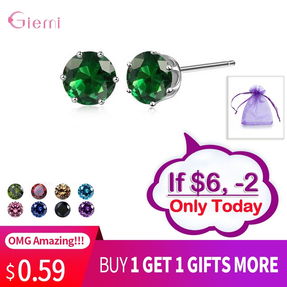 Cubic Zirconia CZ Stone 6MM Jewelry Stud Earrings 925 Sterling Silver Earrings Women 20 Colors: Color18