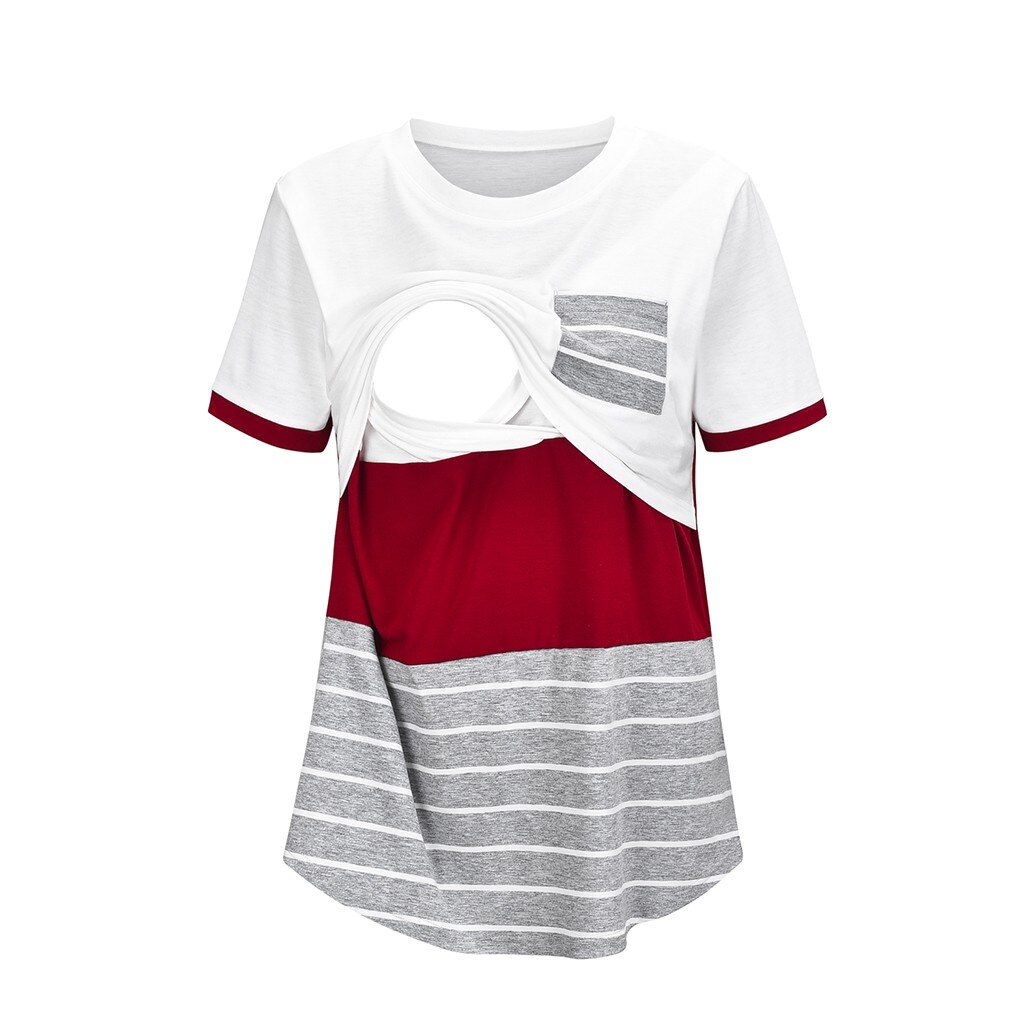 Graviditetstøj til kvinder amningstøj ammende kortærmet skjorte barsel toppe bluse hvid rød grå stribet: S