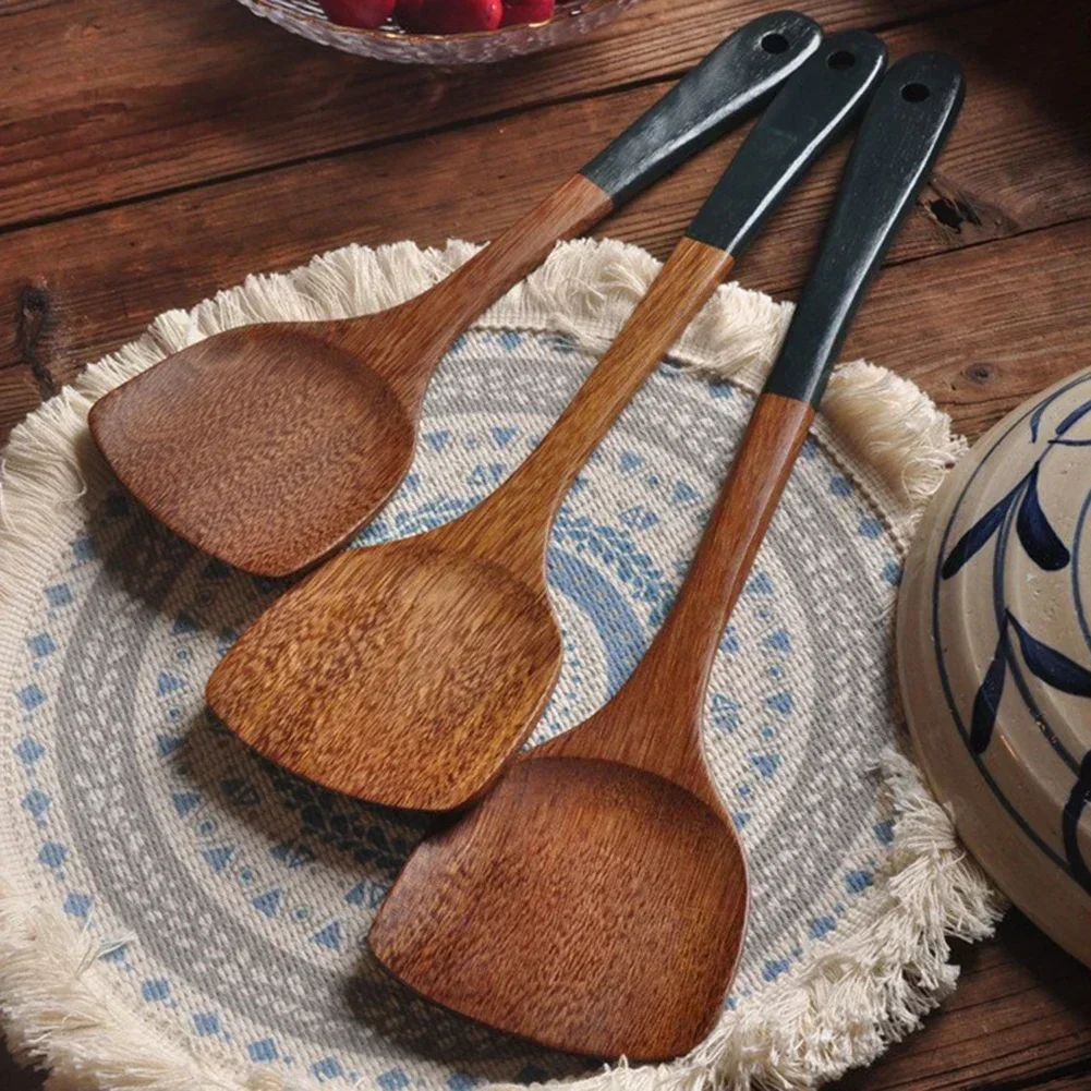 Köksutrustning i trä med långa handtag spatel ris skopa grönsak kött matlagning spade mixerskedar för nonstick pan köksredskap