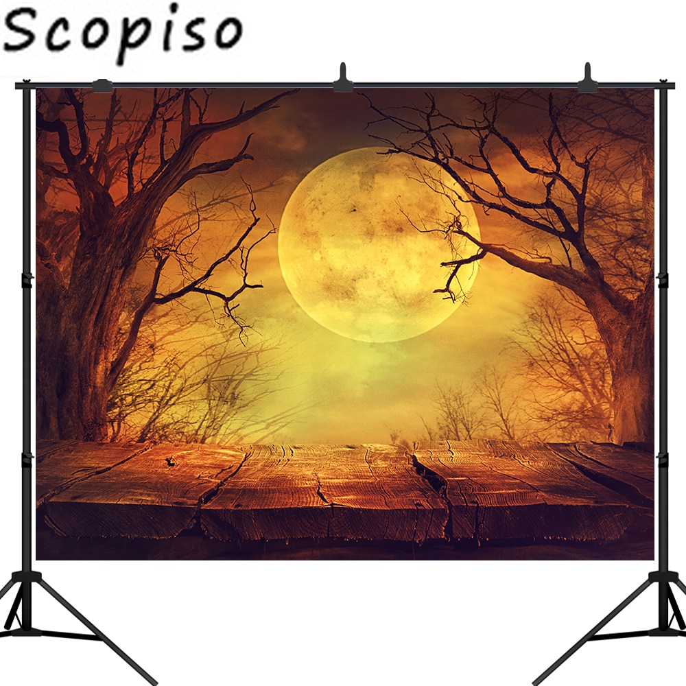 Photographic Backdrop - Halloween Wood Floor Moon Forest Kids Party - Vinyl - 220x150cm to 300x300cm