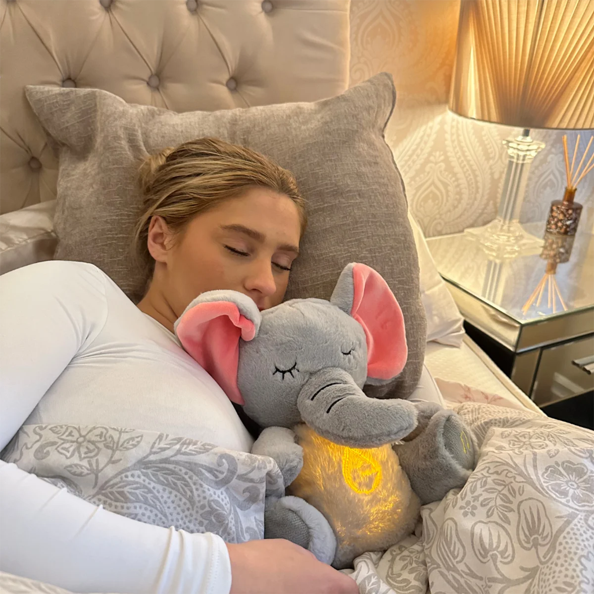 Muñeco de peluche de elefante calmante para bebé, 4 modos, compañero para dormir, muñeca musical y ligera, juguete de peluche sensorial, para niños