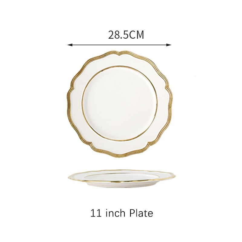 Ceramic Dinner Plate Luxury Gold Inlay Charger Plate Flower Shape Plate Dishes and Bowl Dinnerware Set for Wedding Party Banquet: White Plate