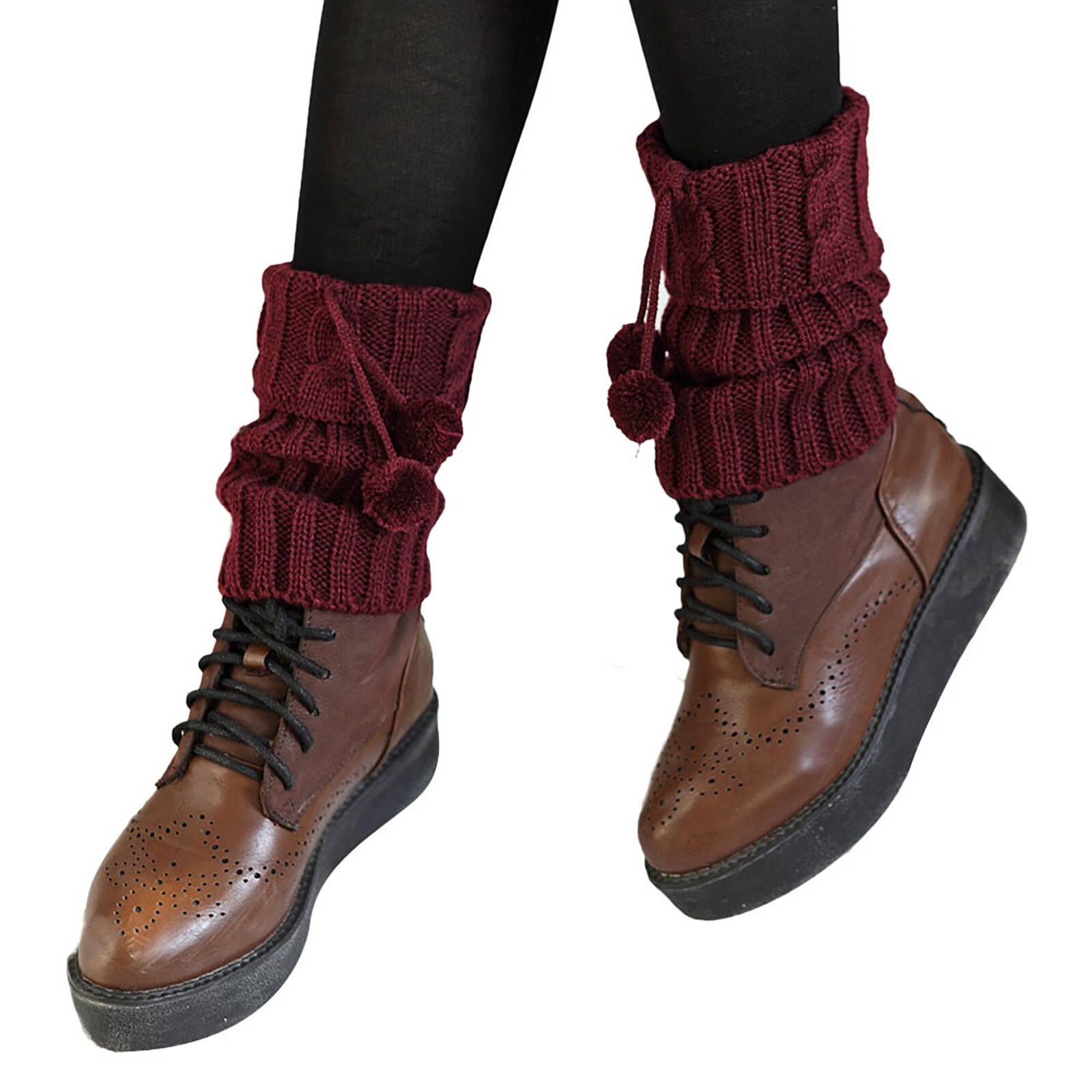 Calentador de piernas para mujer, 1 par, cálido, hasta la rodilla, punto giratorio, Bola de Pelo, ganchillo, calcetines, calentadores de bota: Red
