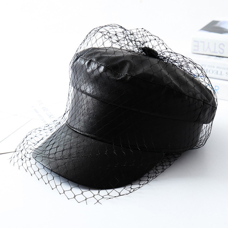 Gorros con velo de encaje de PU negro para primavera y verano, gorra plana con letras de malla negra, varios estilos,