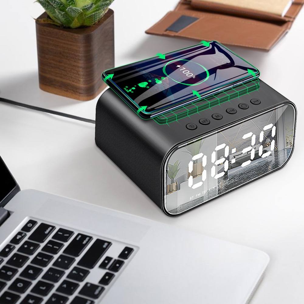 Wireless Charger Alarm Clock Bluetooth Speaker LED Smart Digital Clock Table Electronic Desktop Clocks Fm Radio USB Fast Charger